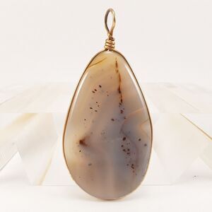 2" Polished Agate Flat Pendant, Handcrafted Wire Loop Wrapped Stone, gray cloudy